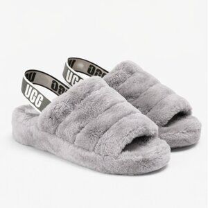 UGG Fluff Yeah Slide Slippers Gray Elastic Logo Strap Faux Fur Sandals